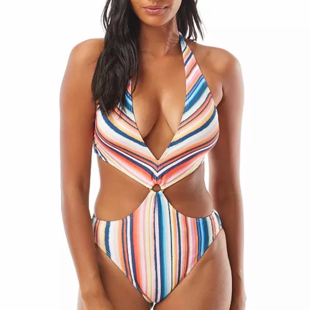 Striped Halter Cutout One-Piece Swimsuit - Multi